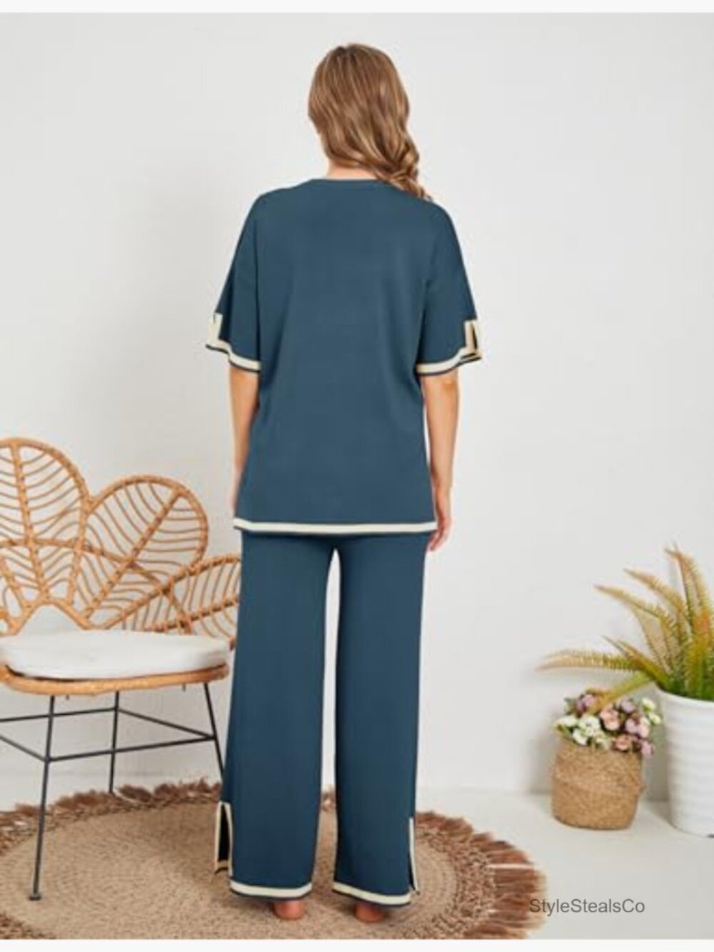 2 Piece Lounge Set Short Sleeve Knit Pullover Top & Wide Leg Pants - Picture 3 of 7